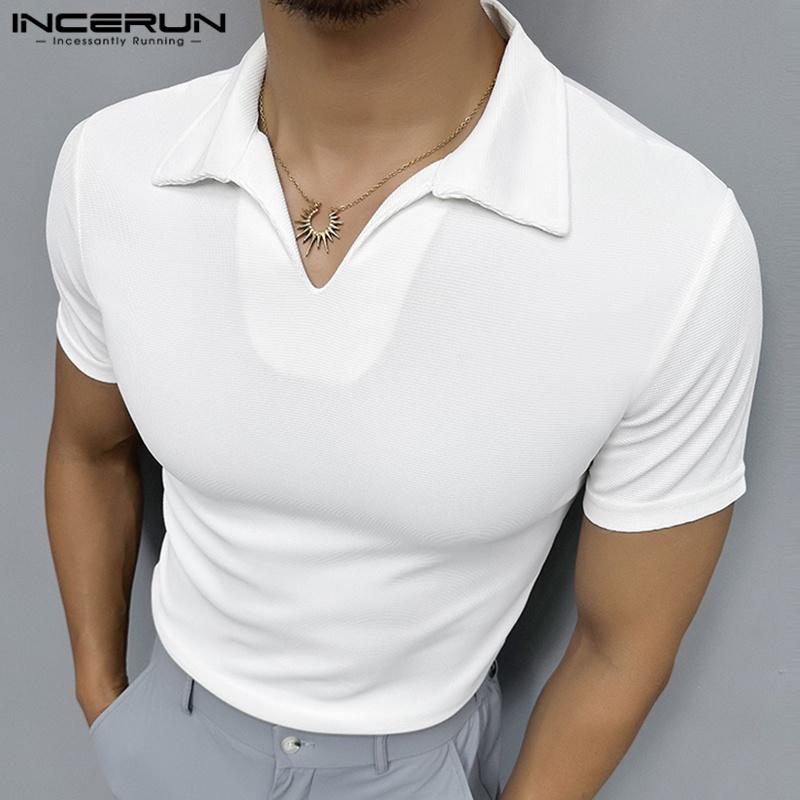 INCERUN Men Lapel Neck Short Sleeve Solid Color Casual Fitted T-shirts Tops