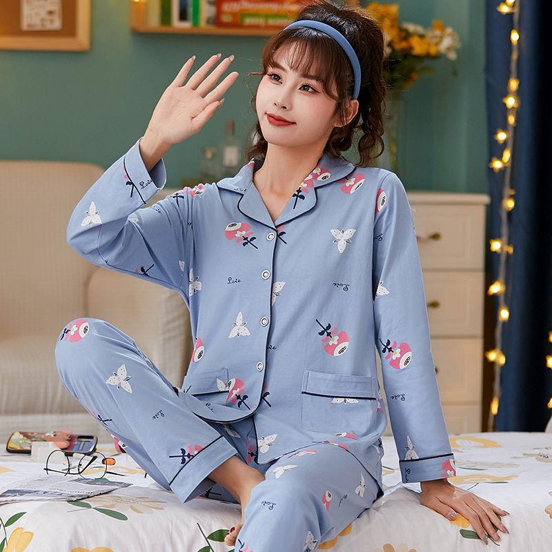 Women's 100% Cotton Long-Sleeve Pajamas for Middle-Aged & Elderly - Loose Cardigan for Autumn/Winter