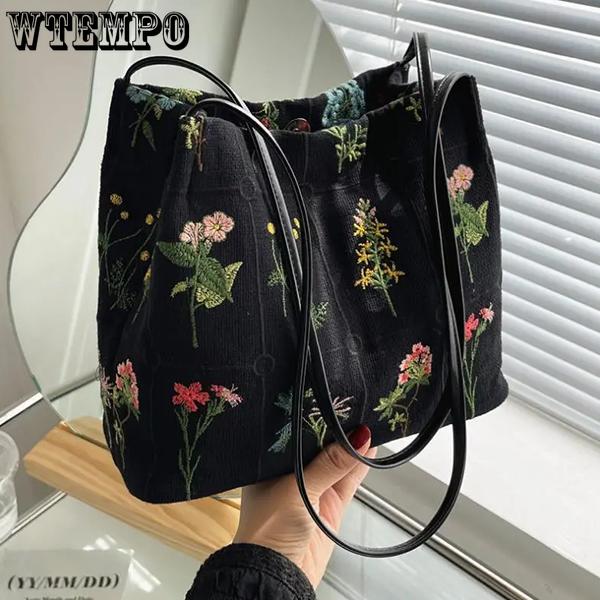WTEMPO Embroidered Commuter Women's Bags Large-capacity Canvas Bags Casual Fashionable Tote Bags Simple All Seasons Single Shoulder Bags