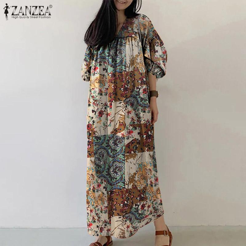 ZANZEA Women Summer Print Casual V-Neck Loose 3/4 Sleeve Long Dress