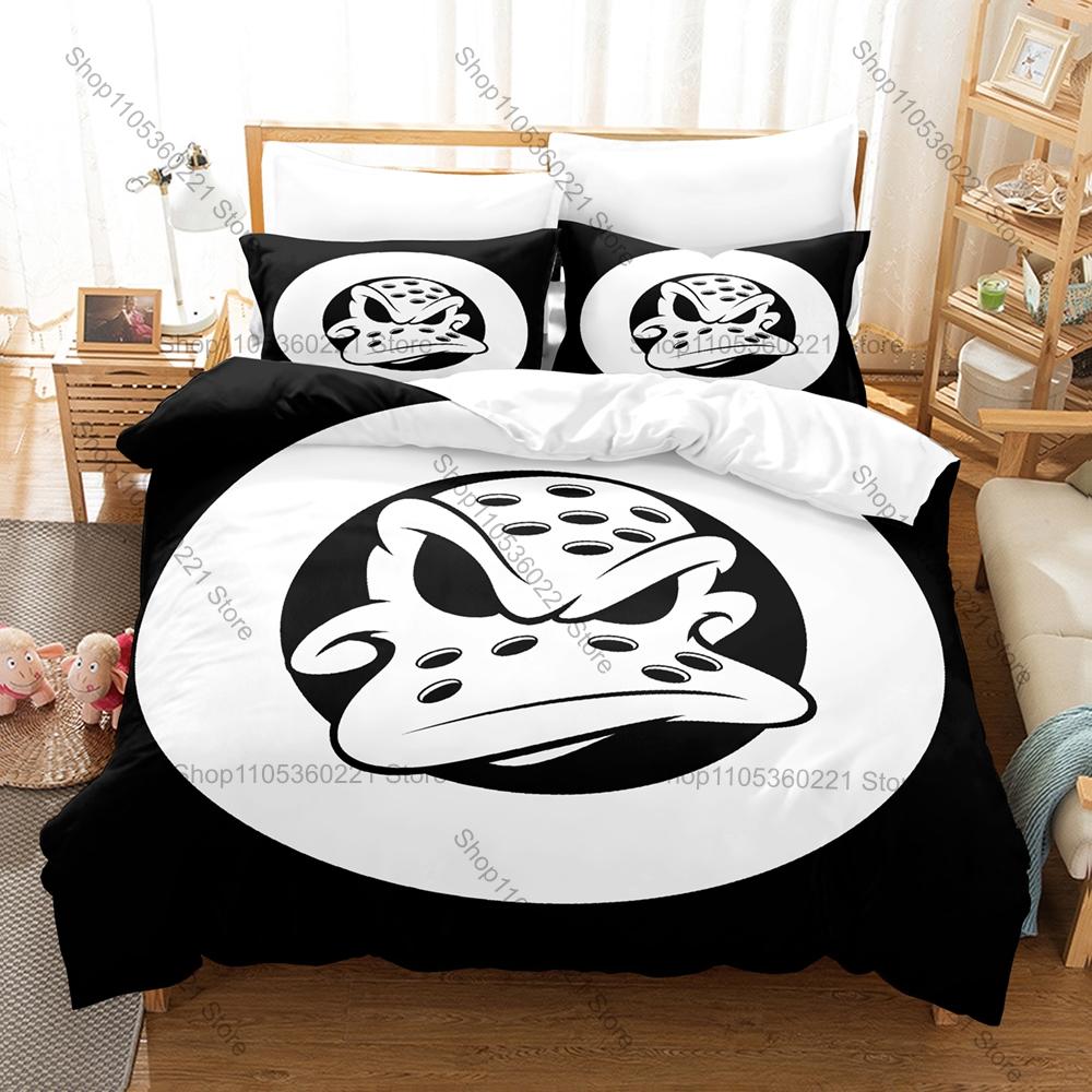 Ice Hockey Duck Bedding Set Duvet Cover + 2 Pillowcases Cute Cartoon Duck Ice Rink Sport Funny Animal Bedroom Decor