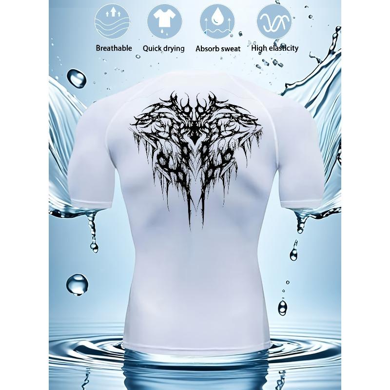 Men's Compression Shirt Quick Dry Gray Gym T-Shirt Black Tribal Wolf Back Print Workout Sportswear