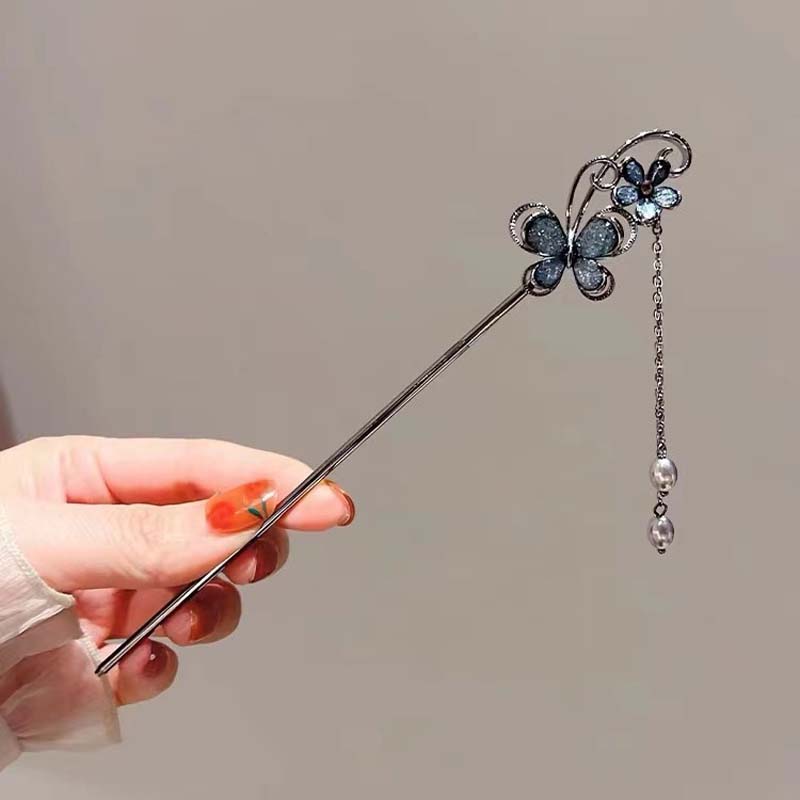 Chinese Style Ink Flower Tassel Hairpin For Women Girl Vintage Metal  Black Beads Fringe Hair Clasp Hanfu Hair Jewelry