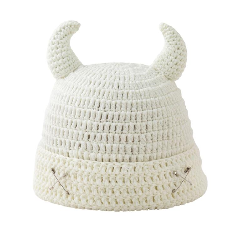 Crochet Horn Cap for Fall Winter Outfits, Brimless Devil Hat with Front Pin Accent for Party Photo Outfit Looks