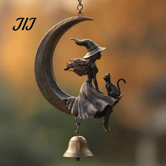 Unique Holiday Porch Decorations Halloween Witch And Black Cat Moon Wind Chime, Vintage on Crescent Metal Hanging Bell Decor Bell, Gothic Ornament for