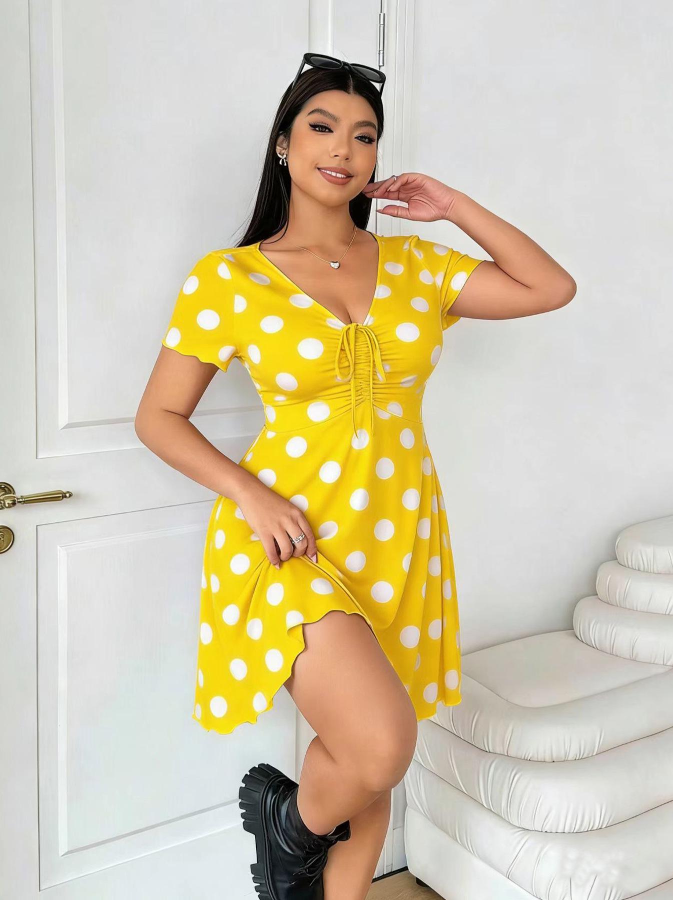 Plus Size Women s Polka Dot Pleated Dress with Drawstring Waist for Spring/Summer XXL жёлтый