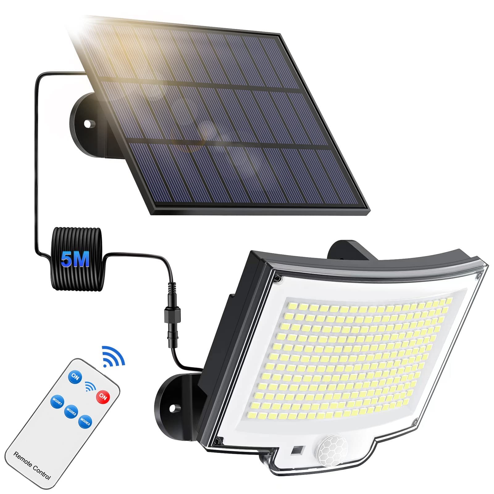 

[2023 Solar Light with Remote Control] Solar-Powered Motion Sensor Light, 228 LEDs, 5m Cable, 3000 Lumens, 120° Adjustable Angle, 3 Lighting Modes,
