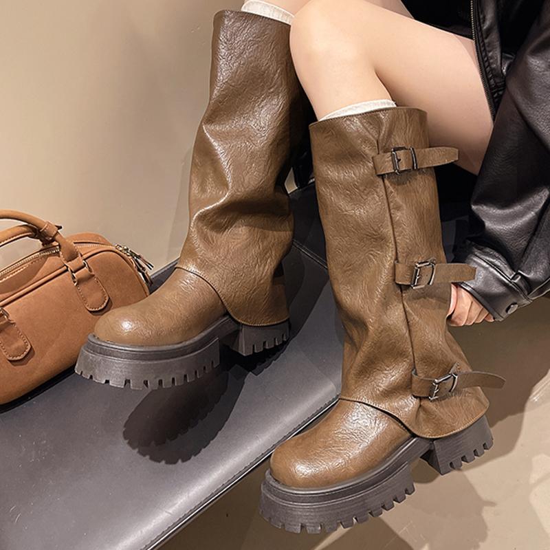 2026 Designer Women's High Boots Flats Platform Fashion Dress Shoes Designer Winter Botas Casual Goth Motorcycle Boots De Mujer
