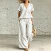 Women's V-Neck Short Sleeve Loose Fit Top and Casual Pants 2-Piece Set Color Outfit