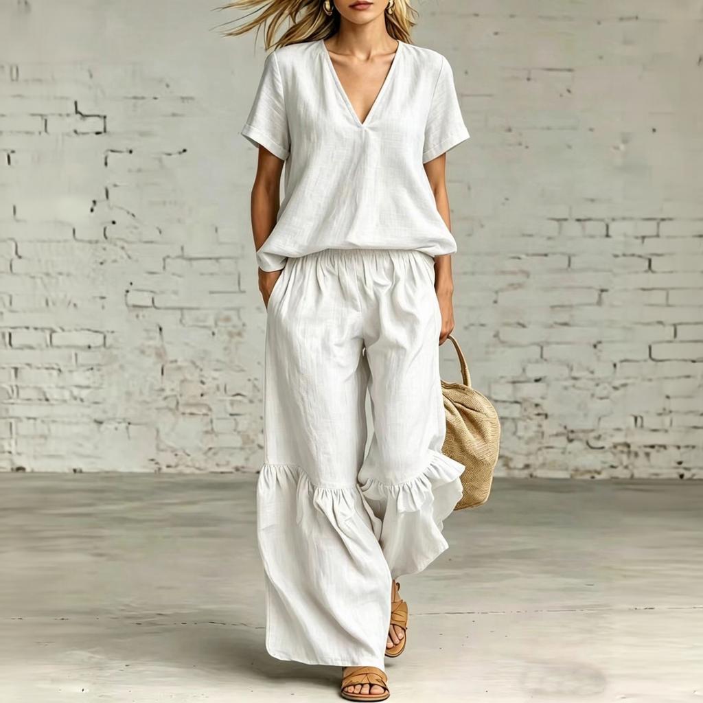 Women's V-Neck Short Sleeve Loose Fit Top and Casual Pants 2-Piece Set Color Outfit