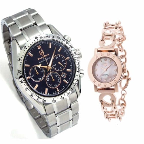 Limited Edition Pair Watches: Don Clark Men's Watch, High-Performance Japanese-Made Chronograph, Anne Clark Women's Watch, Pink Gold with Heart Chain