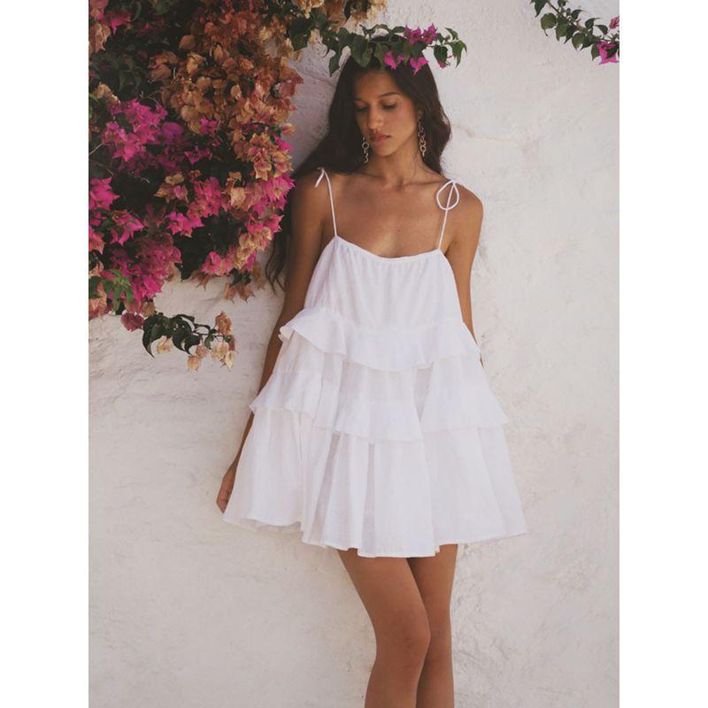 French White Ruffled Spaghetti Straps Dress Female 2024 Summer New Sexy Open Back Small Holiday Short Dress