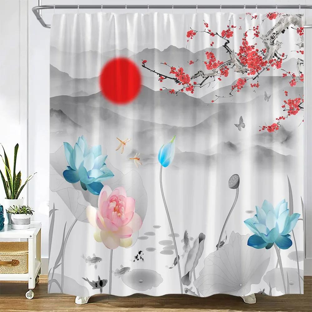 Flower Carp Shower Curtains Bird Red Floral Koi Fish Ink Plants Mountain Water Landscape Fabric Bathroom Decor Bath Curtain Sets