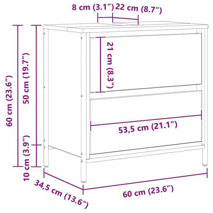 VidaXL Meuble de salle de bain lavabo tiroirs chêne fumé 60x34,5x60 cm, meuble vasque de toilette, meuble de rangement de 861884