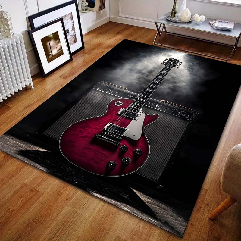 Roter Gitarren- und Stereo-Print Teppich für Schlafzimmer, Wohnzimmer, Bettseite, Sofa, Bodenmatte, moderne Heimdekoration, Bereichsteppich, Luxusgeschenk