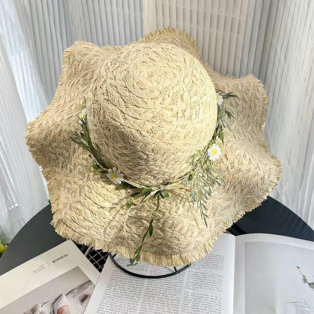 Harajuku Women Girls Summer Wide Eaves Straw Hats Beach Sun Hat Sweet Lolita Lace Flower Straw Hat Ladies Sunhat Handmade