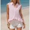 Camicia da Donna a Righe Senza Maniche con Bottoni, Orlo Arricciato e Taschino sul Petto, Top Estivo Casual Multicolore