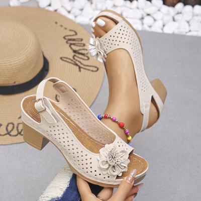 Dames Sandalen met Dikke Hak Zomer Mode Bloemen Holle Strandschoenen Lichtgewicht Hoge Hak Casual Sandalen voor Dames