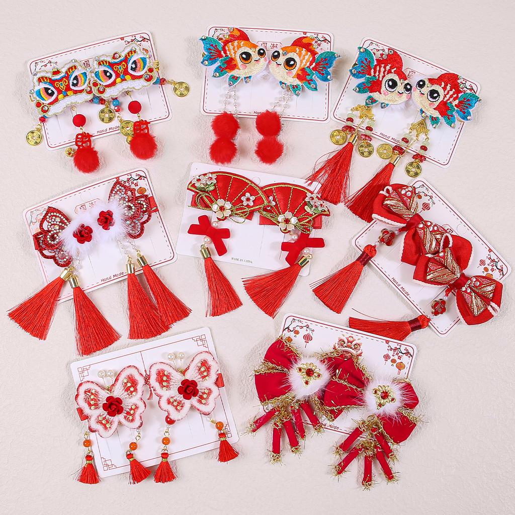2pcs Chinese New Year Decorations Hair Clips Children Kids Tassel Bows Clips Barrettes Girls Children Party Hair Accessories
