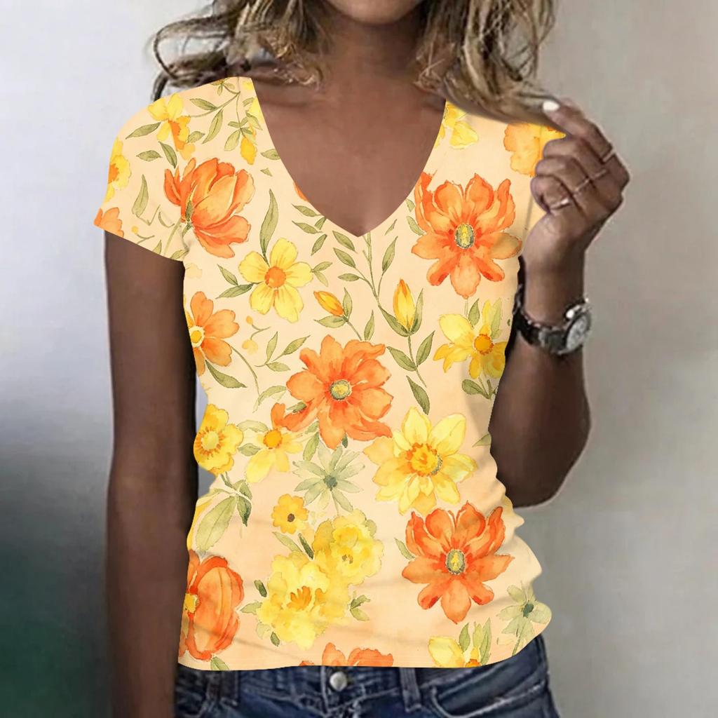 Women V Neck Short Sleeve T Shirt with Floral Print Casual Loose Fit Lightweight Top for Daily Wear Office or Travel