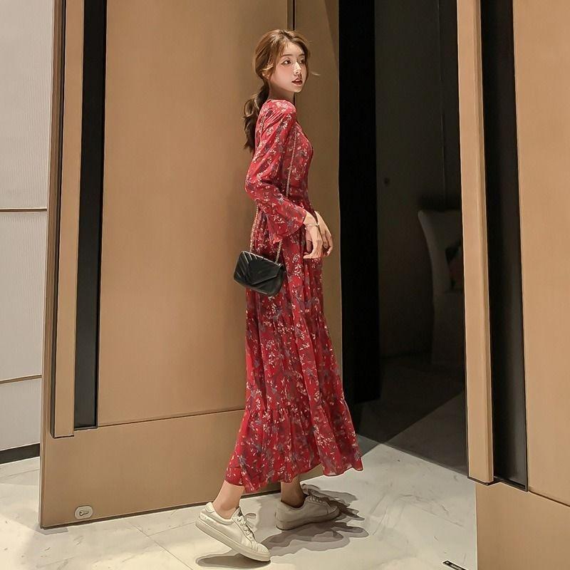 WTEMPO Brand Fragmented Chiffon Long Sleeve Dress Loose Retro Versatile Large Hemline Skirt Slim Tall Super Long Knee Skirts