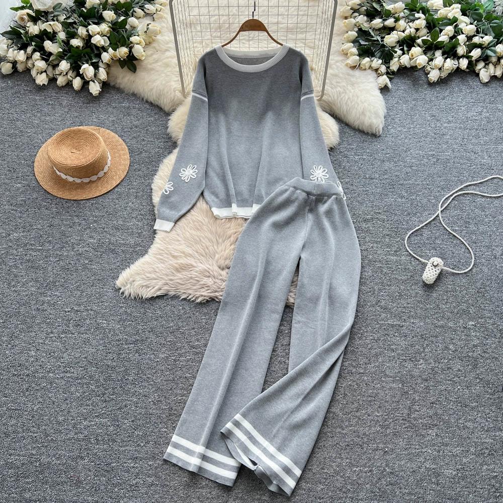Autumn Winter Women Vintage Embroidery Flower Knitted Sweater Trouser Two Piece Set O-neck Pullover Tops and Pant Tracksuit
