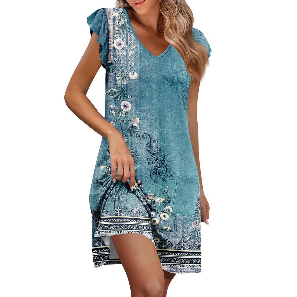 Womens Summer Dress Ruffle Sleeve V Neck Short Dresses Fashion Casual Flowy A Line Swing Sundress With Pocket