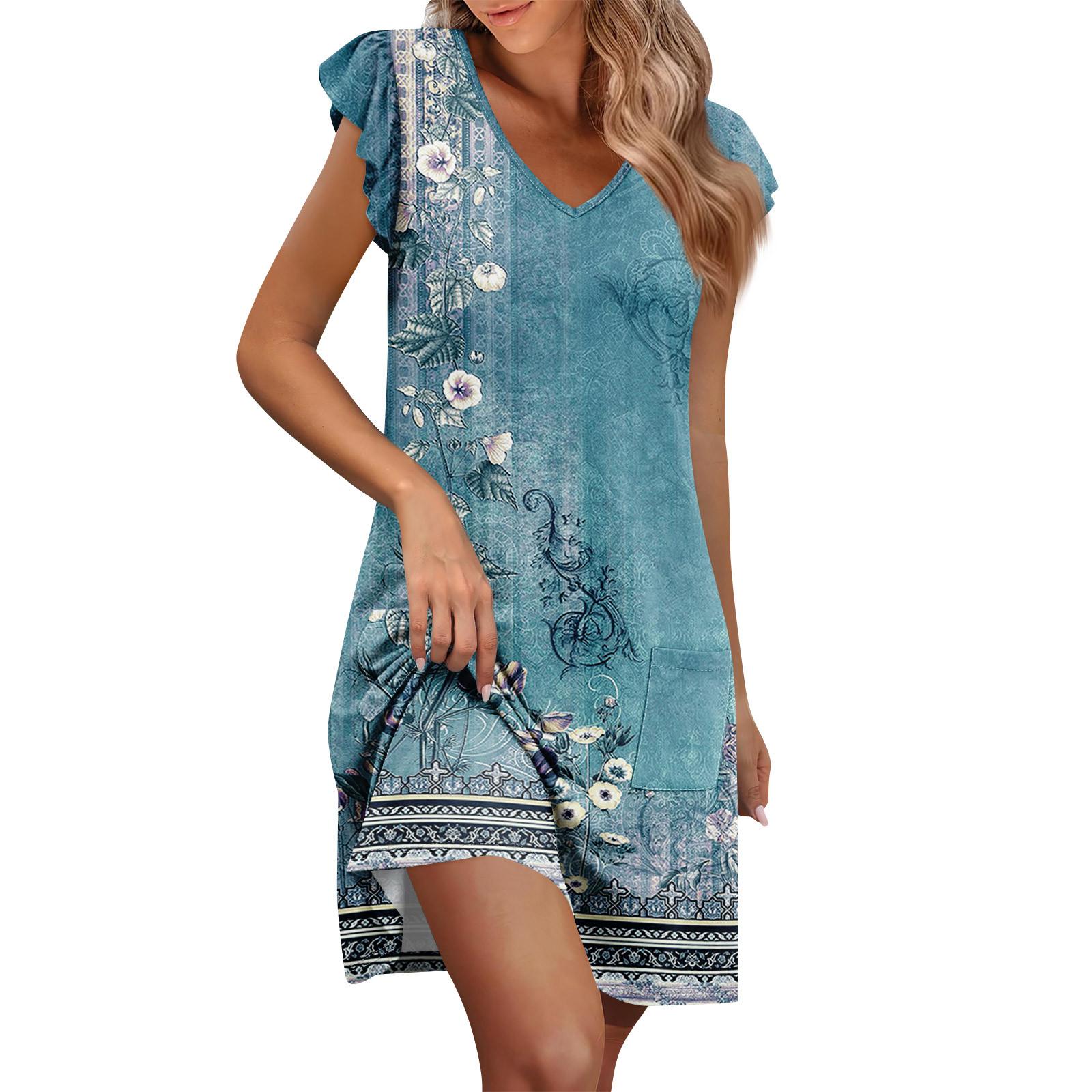 

Женское летнее платье с рукавами-рюшами, V-образным вырезом, короткие платья, модное, повседневное, свободное, А-силуэта, платье-солнце с карманом M