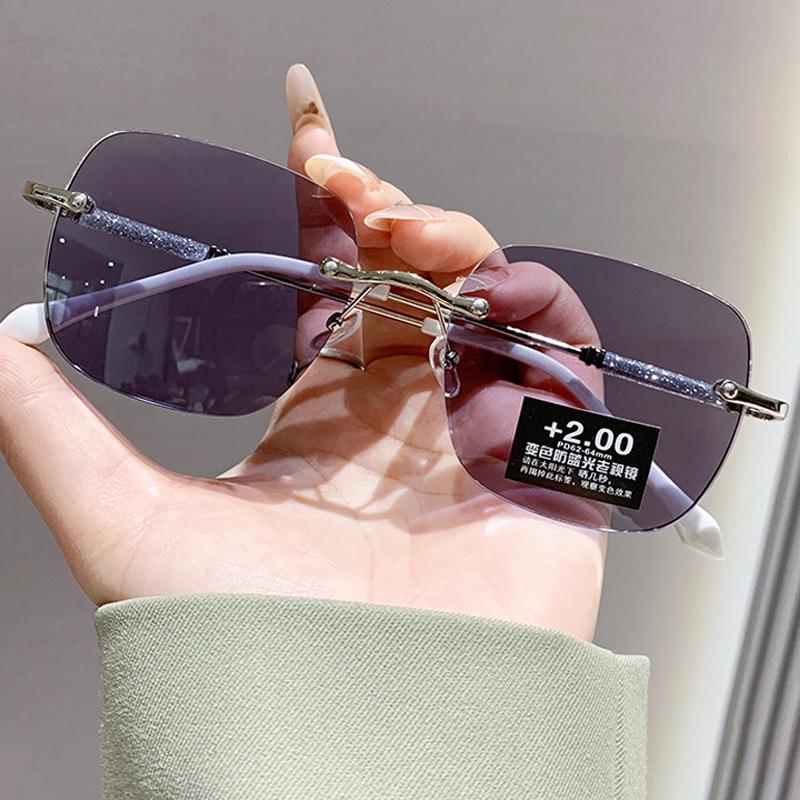 2Pcs Unisex Luxury Photochromic Reading Glasses Fashion Rimless Color Changing Eyewear For Men Women Outdoor Anti-Uv Presbyopia