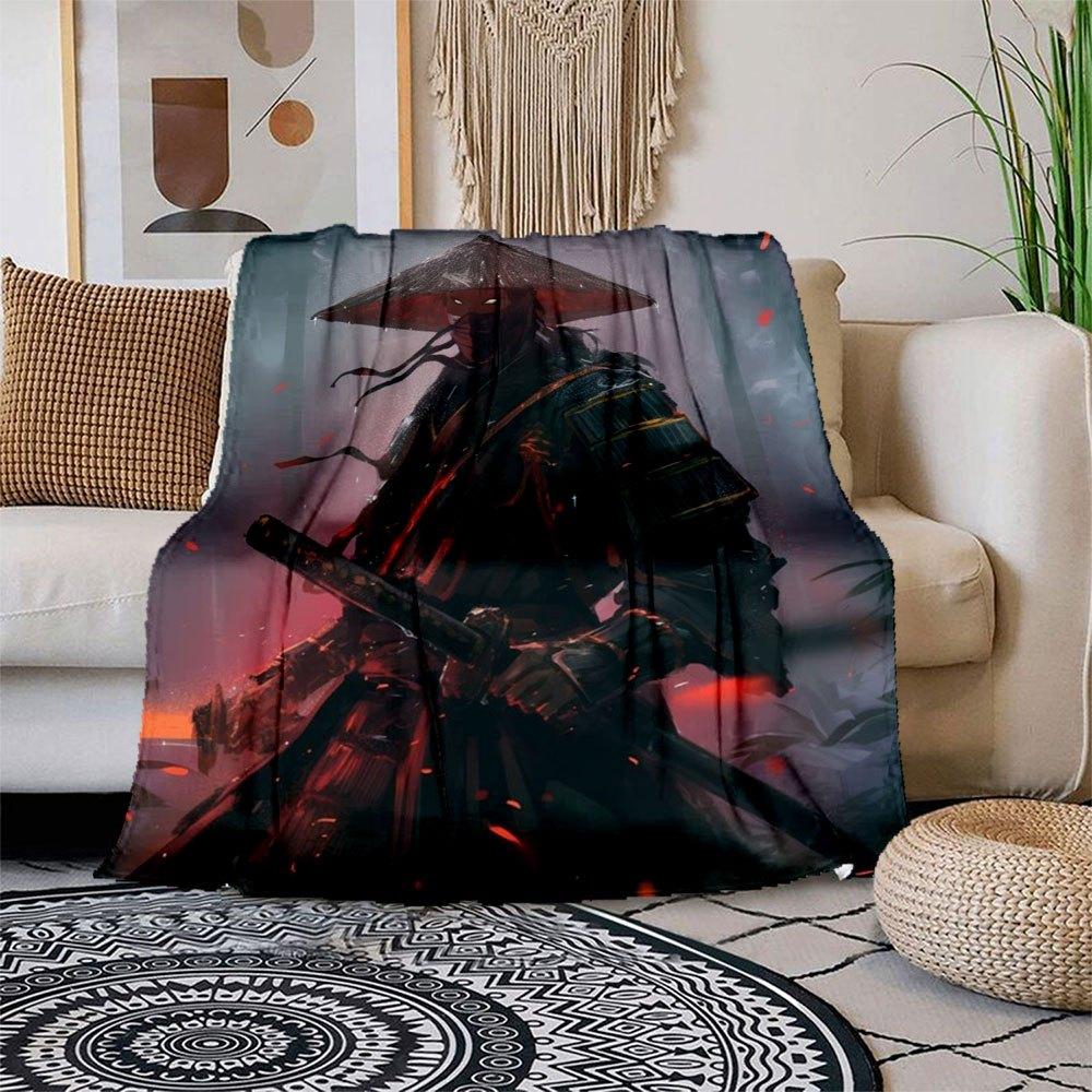 

Samurai Warrior with Red Cloak and Sword - Fantasy Art Print Blanket Flannel Throw Blanket for Sofa, Bed, Travel, Camping, Office, Couch, C 150x180cm