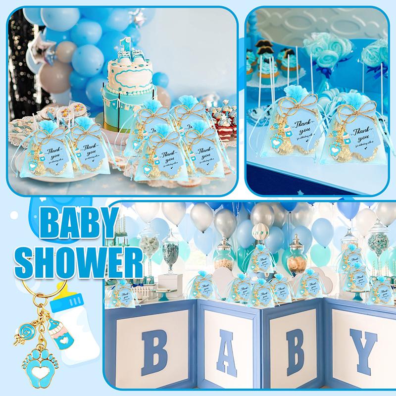 12 Sets Baby Shower Favors For Girl Boy Footprint Keychains Gifts With Bottle Lollipop Organza Bags And Thank You Tags