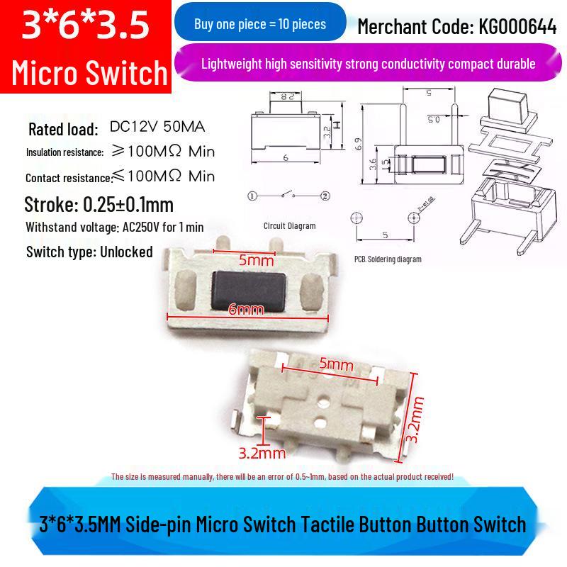Compact Touch Micro Switch, SMD DIP 4-Pin, 6*6*5mm Miniature.