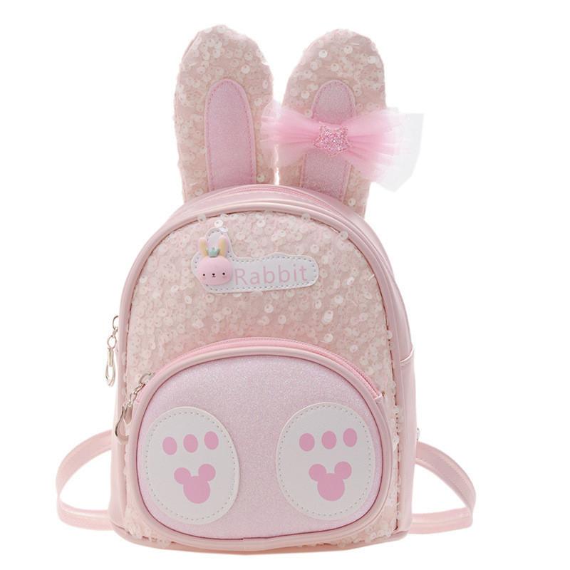 Adorable Bunny Ear Cartoon Kids Backpack Stylish Korean Design Sequin Pu Material