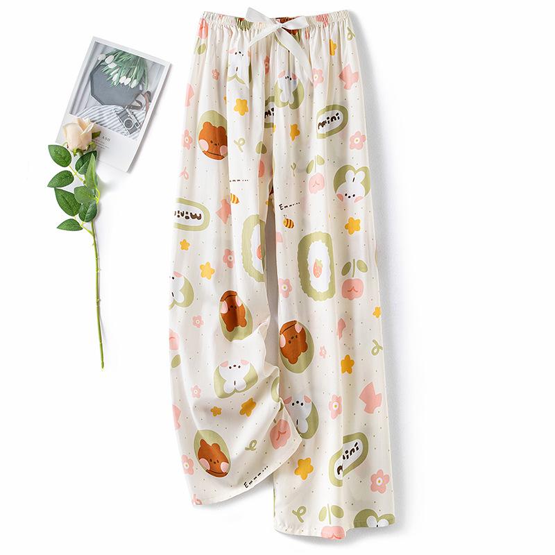 Pantaloni de pijama din bumbac mătase pentru femei, secțiune subțire de vară, anti-țânțari, pantaloni cu picior lat, culoare uni, pentru exterior, casă, petrecere a timpului liber, imprimeu, pantaloni de plajă până la genunchi