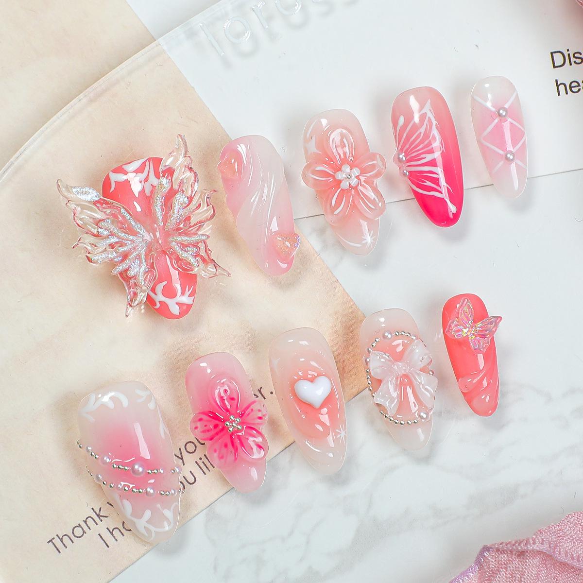 

3D Bow Gradient & Blush Flower Almond Press-on Nails