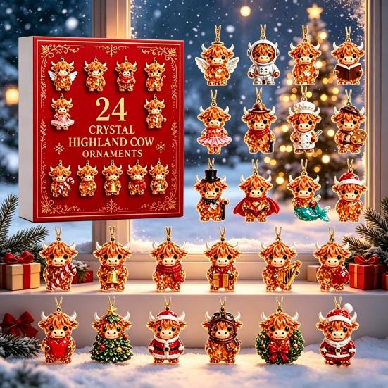 Creative Advent Calendar Gift Highland Cow Calendar, 24 Pcs Acrylic Hanging Ornaments for Christmas Holiday Countdown Box Tree Decoration, Festive