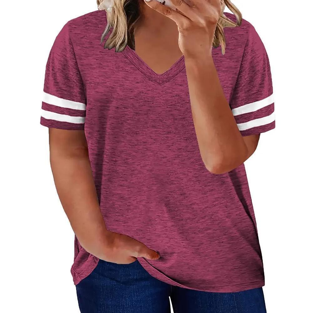 

Модные женские футболки больших размеров с V-образным вырезом в полоску с короткими рукавами, летние свободные топы 2XL вино красного