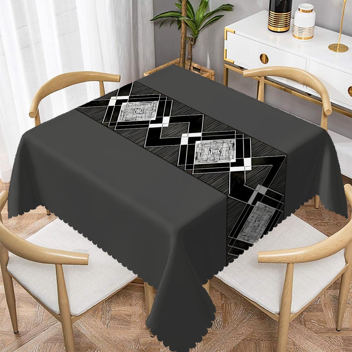 1 stuks Moderne Grijs Geometrische Waaiervorm Rand Tafelkleed, Polyester Bedrukt Tafelkleed voor Huis Eetkamer, Woonkamer, Keuken, Hotel 140x200cm