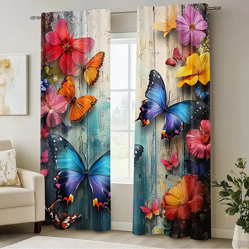 2Pcs- Vivid Butterfly And Flower Printed Curtains, Pole Bag Curtains, Bedroom And Living Room, Home Decoration, Room Decoration