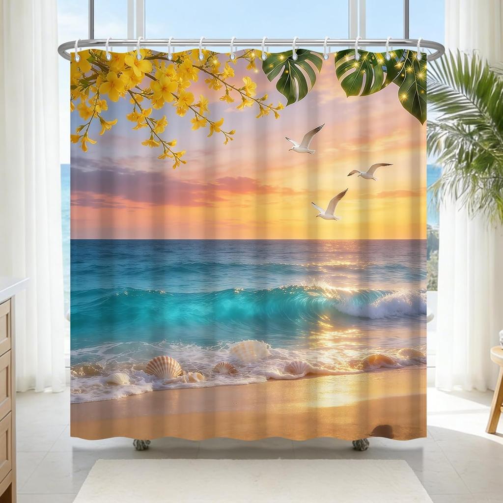 Tropical Ocean Sunset Beach Shower Curtain Coastal Floral Aesthetic Waterproof Bathroom Bath Shower Curtain Polyester Home Decor