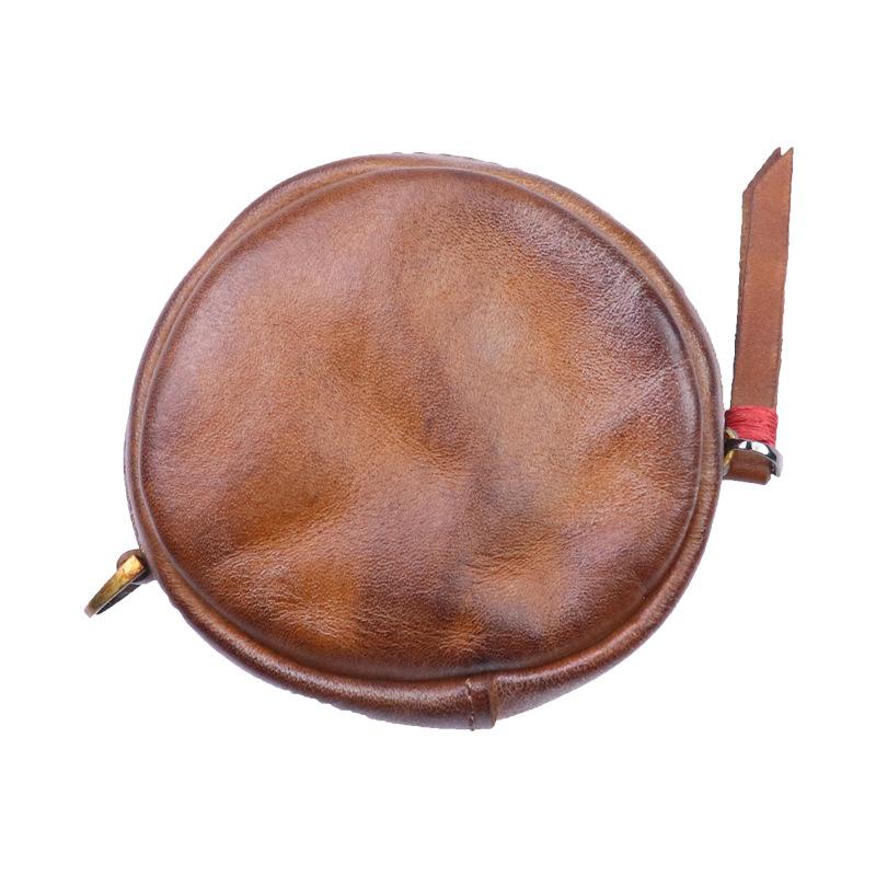 Vegetable Tanned Cowhide Coin Purse, Vintage Handmade Color Polishing, Vintage Round Personalized Coin Bag, Headphone Bag, Compact for Women