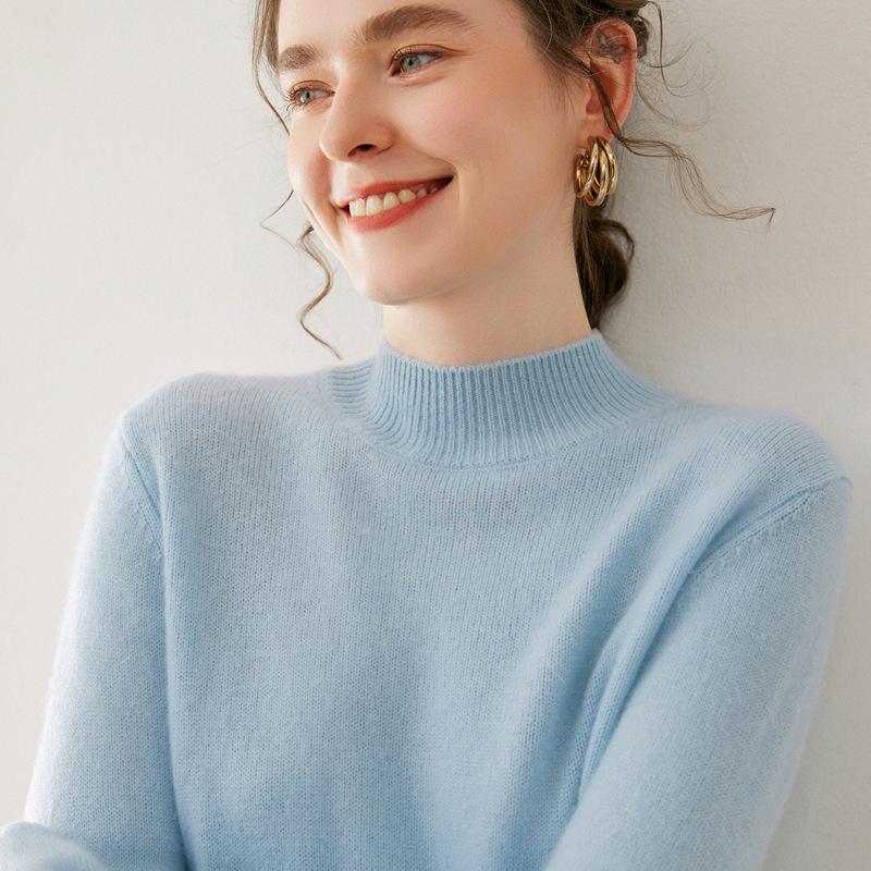 Women's Cashmere Sweater, Soft & Sticky, Half-High Collar, Solid Color, Seven-Gauge Knit, Thick Base Layer, Slimming Versatile Top.