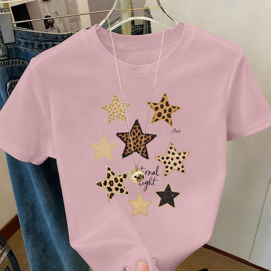 Leopard Star Printed Women's T-shirt, this casual summer top is a round neck short-sleeved patterned T-shirt