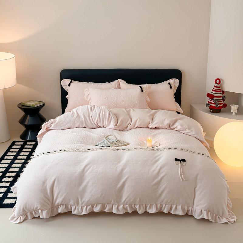 Korean Style Milk Fleece Bedding Set Lace Trim Bow Decor Thick Warm Anti-Static