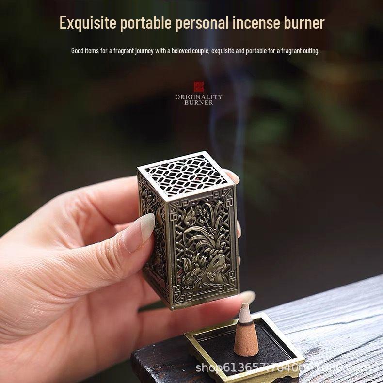 Plum Orchid Bamboo Chrysanthemum Antique Metal Incense Burner Set: Tower & Plate Incense with Sandalwood, Indoor Use, Artistic Style. Plum Orchid Bamboo Chrysanthemum Bronze