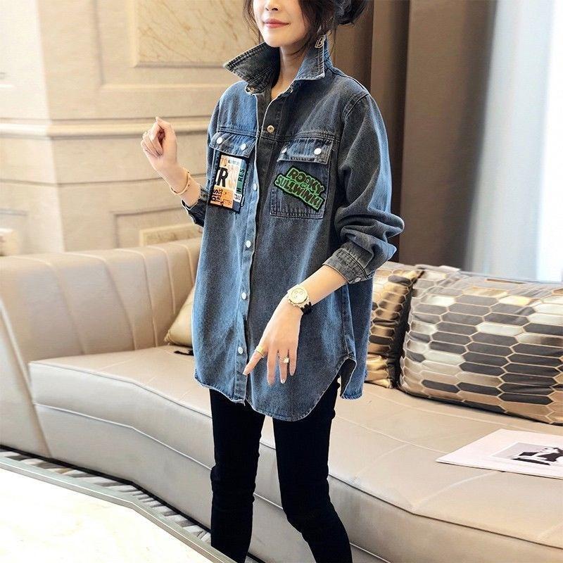 Vintage Blue Denim Shirt Women Loose Fit Korean Style Casual Stand Collar Blouse Spring Autumn Fashion