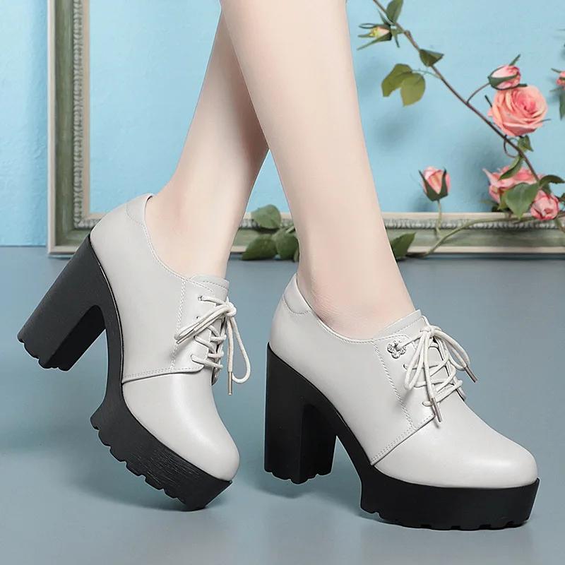 9.5cm British Style Soft Leather Chunky Platform Shoes 2025 Spring Block High Heels Shoes Women Oxfords for Office Model