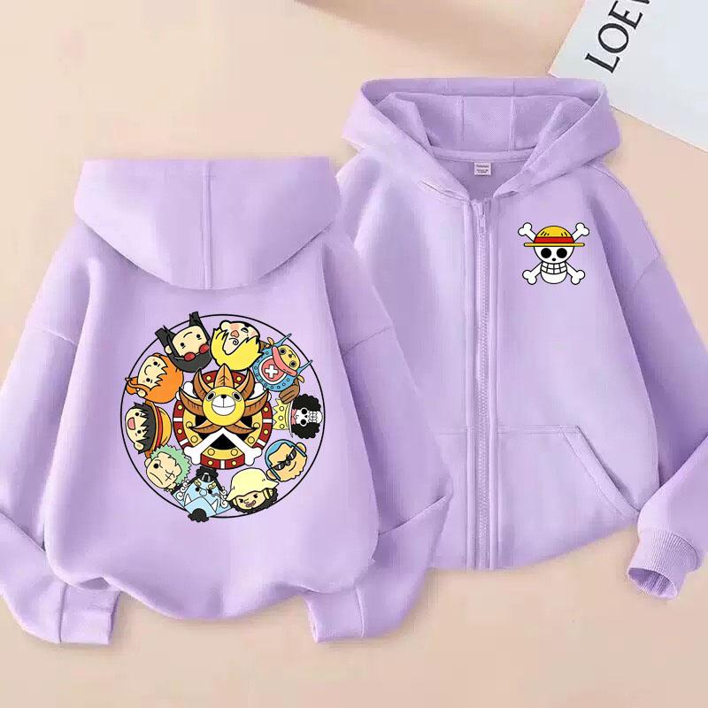 Ubrania z nadrukiem kreskówkowym Anime One Pieces Bluza z kapturem na zamek Dziecięca bluza z kapturem z długim rękawem Luffy Casualowa koszulka z nadrukiem dla chłopców i dziewcząt