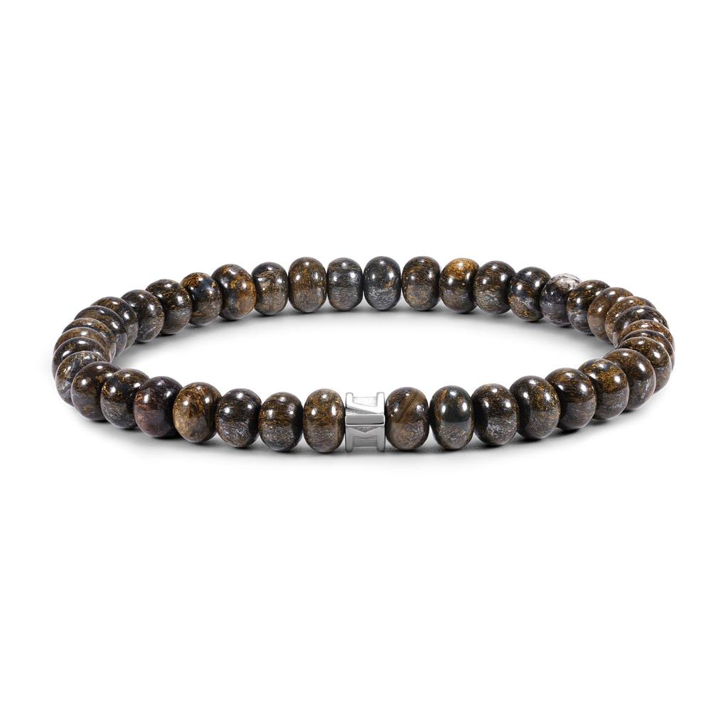 AWNL Men's Bronzite Natural Stone Beaded Bracelet, Rune Engraved Sterling Silver Charm, Adjustable 15-19cm, Gift Accessory