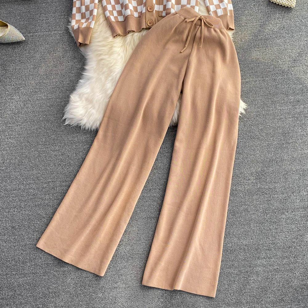 Autumn Winter Vintage Plaid Knitted Sweater Pant 2 Piece Set Women Tracksuit Single Breasted Jacket Coat + Ankle Length Trousers Outfits